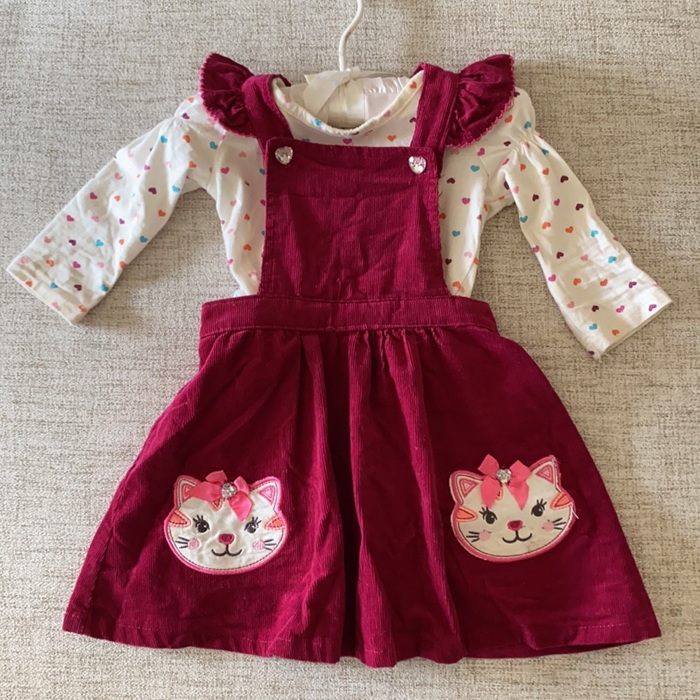 🪞 Set of 2 Corduroy suspender dress and heart print long sleeve top set kids 2T
